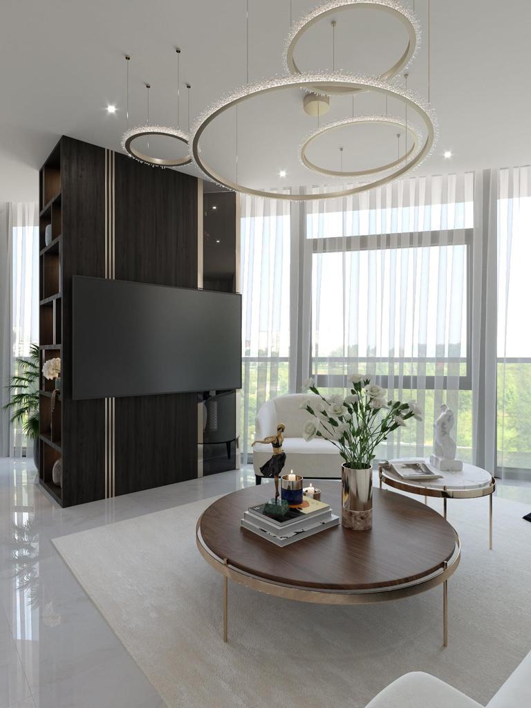 Origo golden-coloured Halo cluster in a luxury interior-designed living room.