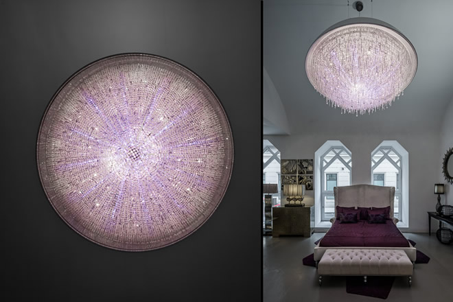 A pink Ozero from Manooi in a luxury lighting showroom.